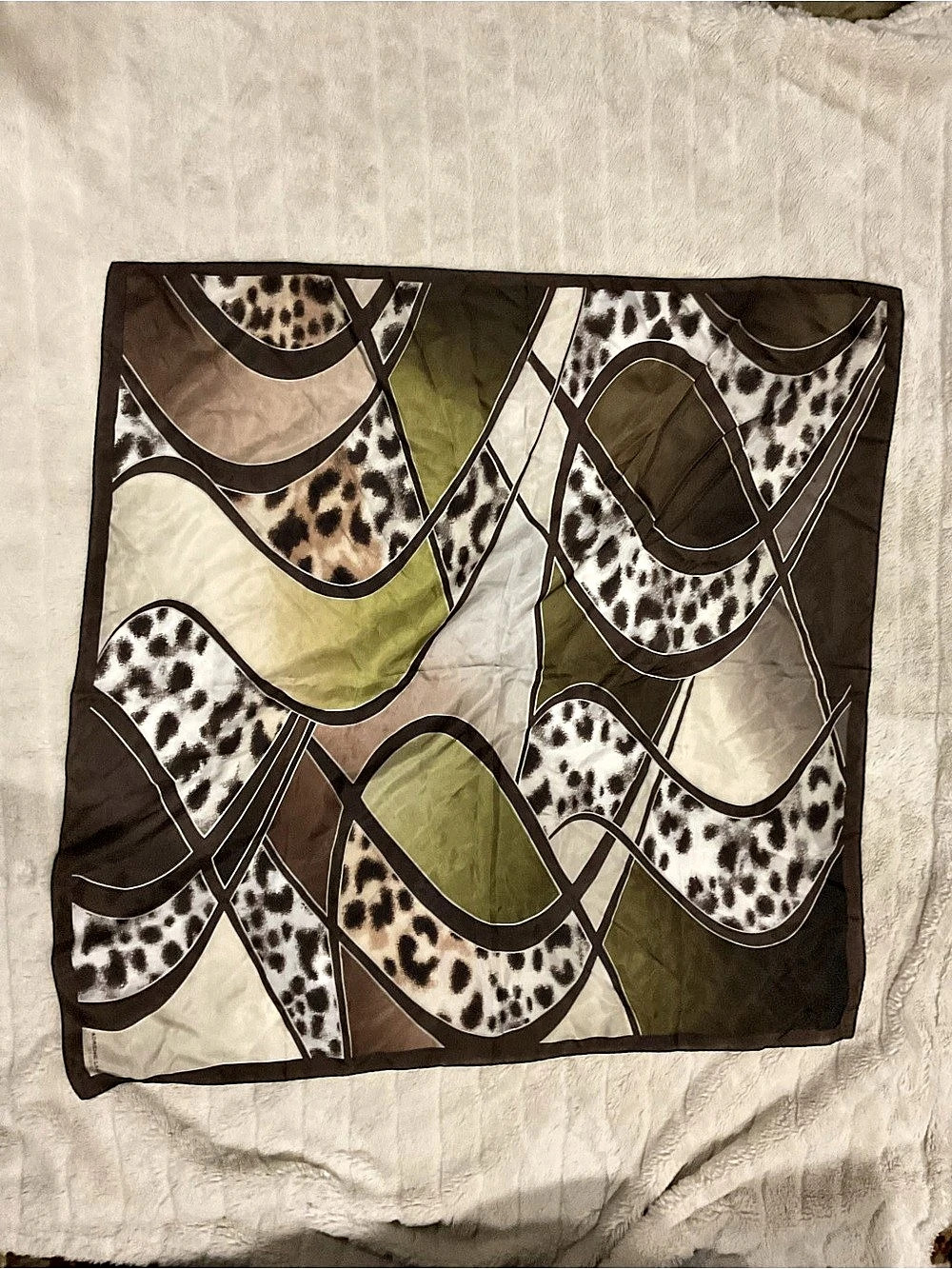 Adrienne Landau Studio Silk Animal Print Scarf in Brown & Green Like New
